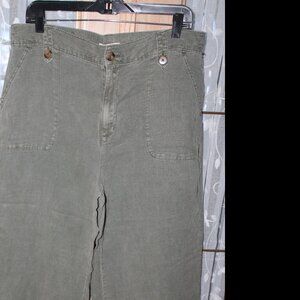 Cynthia Rowley Women Caprice Pants SZ12 Olive Green Linen Blend Flat Relaxed